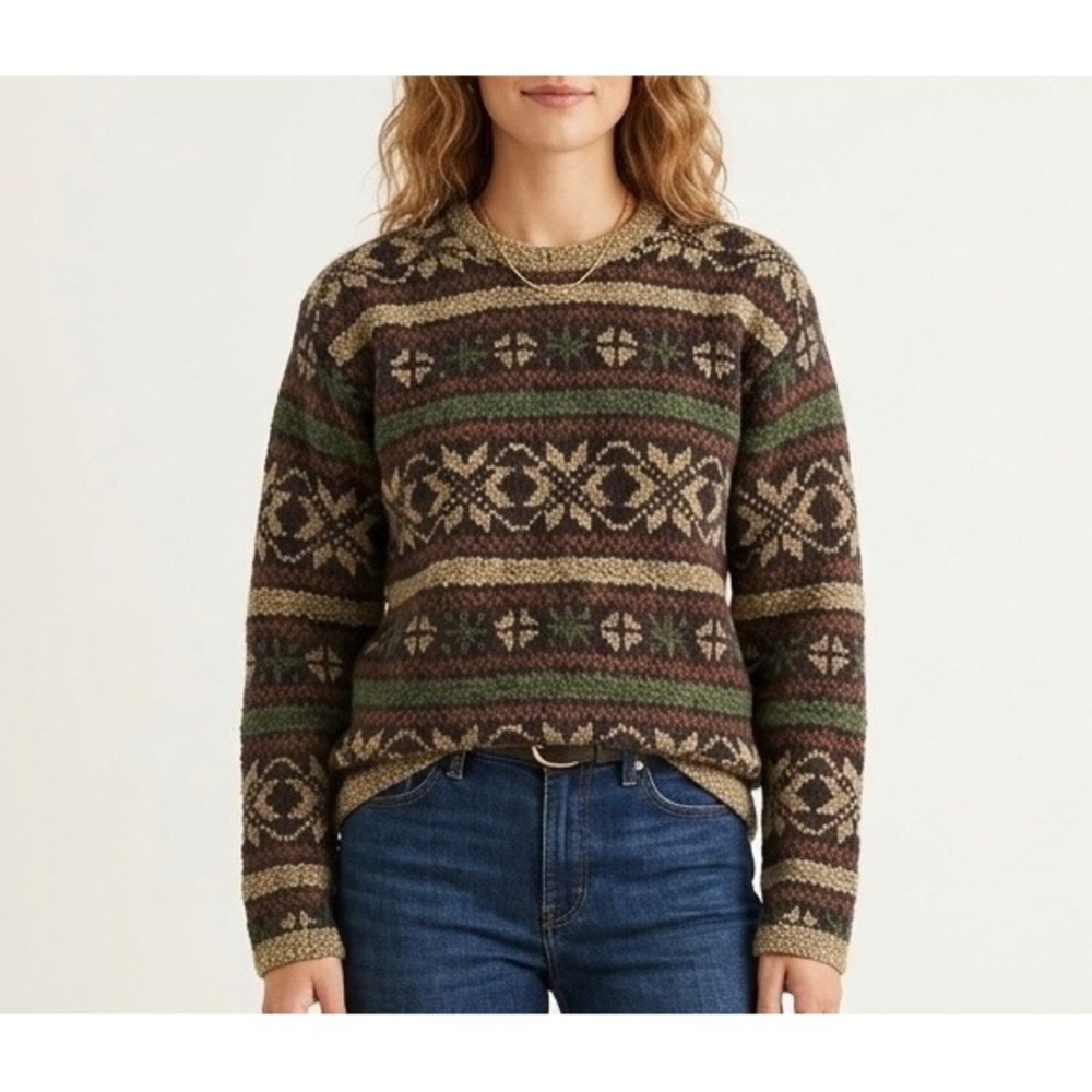 J Crew Womens VTG Wool Sweater Fair Isle Crewneck Nordic Knit Brown Green Small
